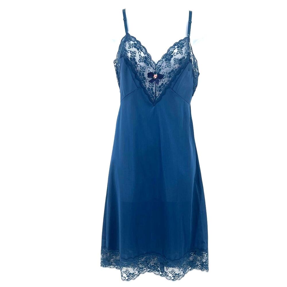 Vtg Val Mode Y2K Slip Dress Sz 32 Coquette Lace Midi Bow 90 Sheer USA Satin Blue